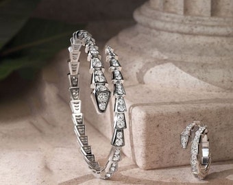 Serpenti Viper Pave armband en ring, bruiloft damesarmband en ring, 14K zilveren armband en ring, unisex ring en armband, sieradenset