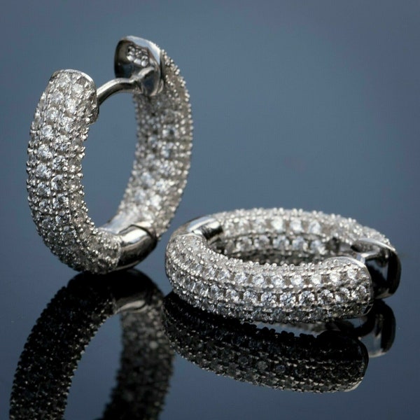 Boucles d'oreilles en or blanc 14 carats, boucles d'oreilles Huggie Hoop en diamants sertis pavé, boucles d'oreilles en or et diamants, boucles d'oreilles pour fonction mariage fiançailles, cadeau pour elle