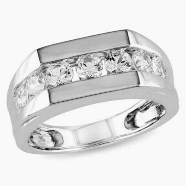 Anillo de siete piedras para hombre, anillo de diamantes de talla redonda de 2,5 quilates, anillo de compromiso, anillo de boda para hombre, oro blanco de 14 qt, anillo con conjunto de canales, regalo para el padre