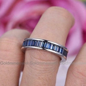 Sapphire Wedding Band, Full Eternity Band, 3.9 Ct Simulated Sapphire Ring, 14K White Gold, Gemstone Engagement Ring, Anniversary Gift