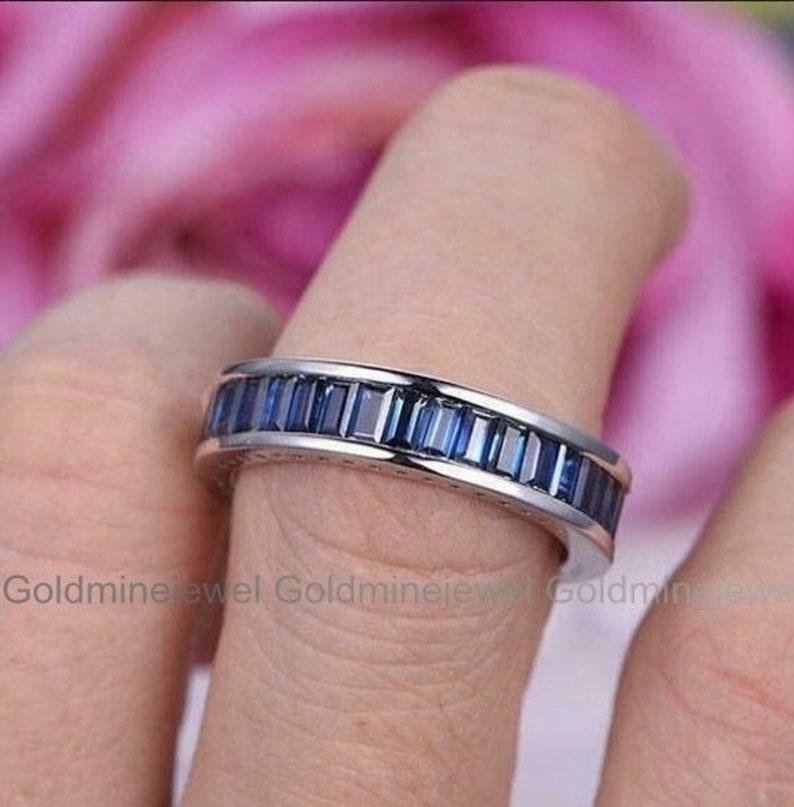 Sapphire Wedding Band, Full Eternity Band, 3.9 Ct Simulated Sapphire Ring, 14K White Gold, Gemstone Engagement Ring, Anniversary Gift