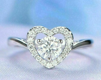 14K White Gold Ring, Diamond Ring, 1Ct Round Colorless Moissanite, Heart Shape Engagement Ring, Halo Ring, Wedding Ring, Women's Silver Ring
