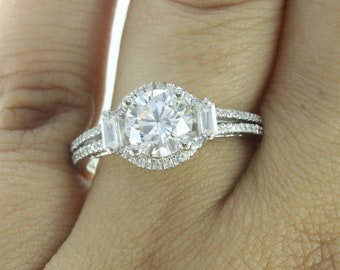 Halo Split Shank Wedding Ring, Round 1.62Ct Moissanite Ring, 14K White Gold Ring, Engagement Wonderful Ring, Mid Century Ring, Fancy Jewelry