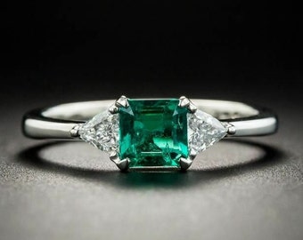 Anillo de mediados de siglo, anillo esmeralda de talla Asscher de 1,80 ct, anillo de oro blanco de 14 k, anillo de tres piedras, regalo para mujer, anillo de compromiso, anillo de diamantes