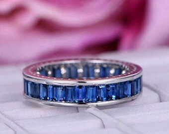 Sapphire Wedding Band, Full Eternity Band, 3.9 Ct Baguette Cut Sapphire Ring, 14K White Gold, Gemstone Engagement Ring, Anniversary Gift