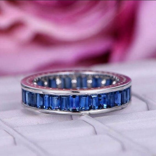 Sapphire Wedding Band, Full Eternity Band, 3.9 Ct Simulated Sapphire Ring, 14K White Gold, Gemstone Engagement Ring, Anniversary Gift