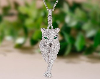 Leopard Necklace, Wedding Pendant, Pendant Without Chain, 14K White Gold Necklace, 1 Ct Emerald Diamond Necklace, Anniversary Pendant