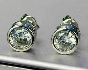 14K White Gold Earrings, Moissanite Earrings, Stud Earrings, Colorless 2.4Ct Moissanite Earrings, Bezel Set Earrings, Wedding Gift Earrings