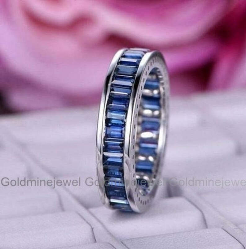 Sapphire Wedding Band, Full Eternity Band, 3.9 Ct Simulated Sapphire Ring, 14K White Gold, Gemstone Engagement Ring, Anniversary Gift