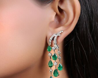 Pendants d'oreilles de mariage émeraude, Boucles d'oreilles émeraude simulée 3,6 carats, Boucles d'oreilles pendantes en or blanc, Boucles d'oreilles pour fête de Saint-Valentin, Cadeaux de mariage