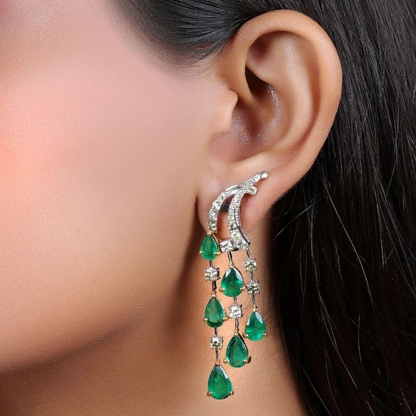 Emerald Drop Wedding Earrings, 3.6 Ct Pear Cut Emerald Earrings, White Gold Dangle Earrings, Valentines Party Wear Earrings, Wedding Gifts