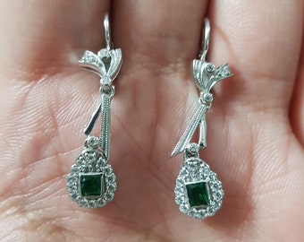 Engagement Earring, Dangle Earrings, 1.8 Ct Emerald Earrings, Lever Back Earring, 14K White Gold, Drop Dangle Earrings Set, Anniversary Gift