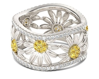 Alianza de boda de eternidad de girasol, oro blanco de 14 qt, anillo de compromiso, banda de diamantes amarillos de 2 qt, anillo de oro, regalo de dama de honor, joyería personalizada