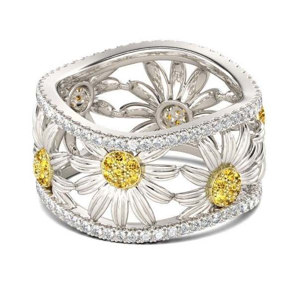 Sunflower Eternity Wedding Band, 14K White Gold, Engagement Ring, 2Ct Yellow Diamond Band, Gold Ring, Bridesmaid Gift, Personalized Jewelry