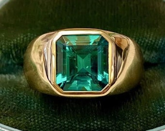 Bague émeraude pour homme, plaqué or jaune 14 carats, bague de fiançailles pour homme sertie clos, émeraude simulée de 3,6 carats, alliance pour homme, bague solitaire