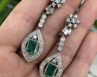 Long Wedding Earrings, Emerald & Diamond Dangle Earrings, Engagement Earrings, 14K White Gold, Emerald Earrings, Earrings For Women