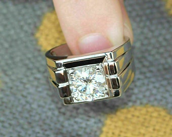 Men's Ring, Colorless 2.1 Ct Moissanite Ring, Men's Wedding Ring, 14K White Gold, Moissanite Engagement Ring, Gift For Dad, Gifts For Him