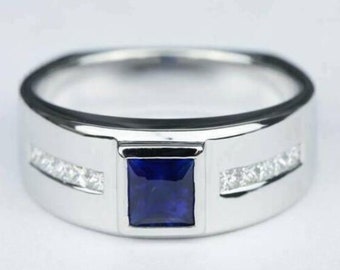 Men's Solitaire Sapphire Ring, Mens Wedding Band, Timeless Anniversary Promise Ring, 1.4 Ct Princess Cut Blue Sapphire Ring, 14K White Gold