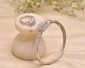 Bracelet et bague panthère, Bracelet et bague de mariage pour femme, Bracelet et bague en argent 14 carats, Cadeaux de mariage pour elle, Parure de bijoux, Cadeaux pour couple