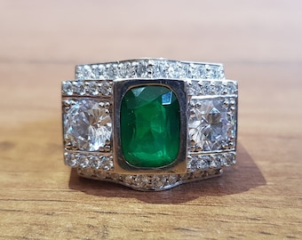 Men's Engagement Ring, 2.7 Ct Green Emerald Ring, Men's Wedding Ring, Men's Hip Hop Ring, Men's Diamond Ring, 14K White Gold, Gift For Him