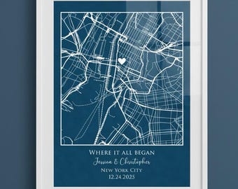 Engagement Map Gift for Couple, Framed Custom City Print, Framed Art, Where it All Began, Unique Gift For Her