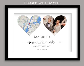 Unique Wedding Gift for Couple, Engagement, Personalized Map Heart Art With Photo, Anniversary Gift Newlywed Map Gift, Met Engaged Married