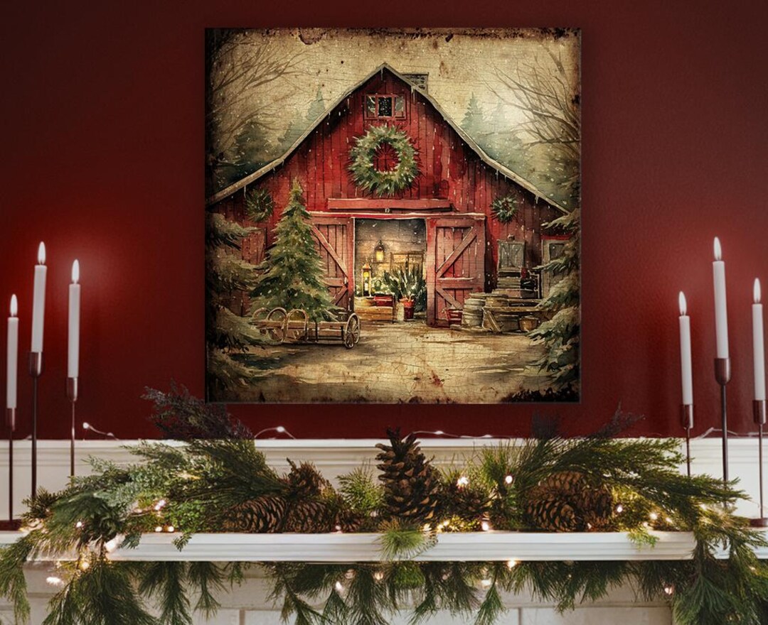 Vintage Country Barn Christmas Canvas Modern Farmhouse Wall Decor ...