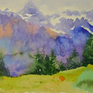Camino a Lauterbrunnen 21x14,5 cm, acuarela, papel. Cuadro de paisaje alpino, naturaleza, pinar, montañas, sin marco.