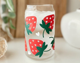 Color Changing Strawberry Patch Glass Can Tumber, 16oz | Strawberry Iced Coffee Glass | Strawberry Coffee Cup | Spring Coffee Cups |