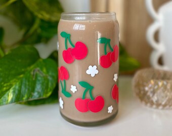 Color Changing Very Cherry Glass Can Tumbler, 16oz | Color Changing Cups | Iced Coffee Glass | Cherry Coffee Glass | Cherry Print Coffee Cup