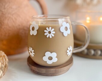 White Daisy Flower Clear Glass Teacup, 15oz | Daisy Flower Coffee Cup | Floral Teacup | Flower Coffee Cup | Flower Coffee Glass | Flower Mug