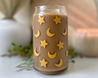 Gold Moon and Star Glass Can Tumbler, 16oz | Crescent Moon Coffee Cup | Star Coffee Cup | Witchy Gifts | Coffee Lover Gift | Dark Academia