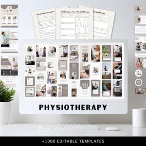 May include: A computer monitor displays a collection of physiotherapy templates, including forms, social media posts, and business cards. The word "PHYSIOTHERAPY" is displayed on the monitor. A small potted plant and office supplies are on the desk.