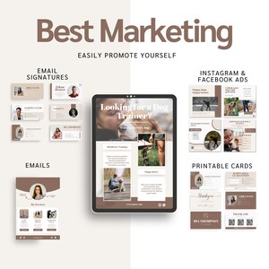 May include: A digital marketing graphic with the text "Best Marketing" and "Easily Promote Yourself." The image showcases examples of email signatures, emails, Instagram and Facebook ads, and printable cards, all in a neutral color palette.