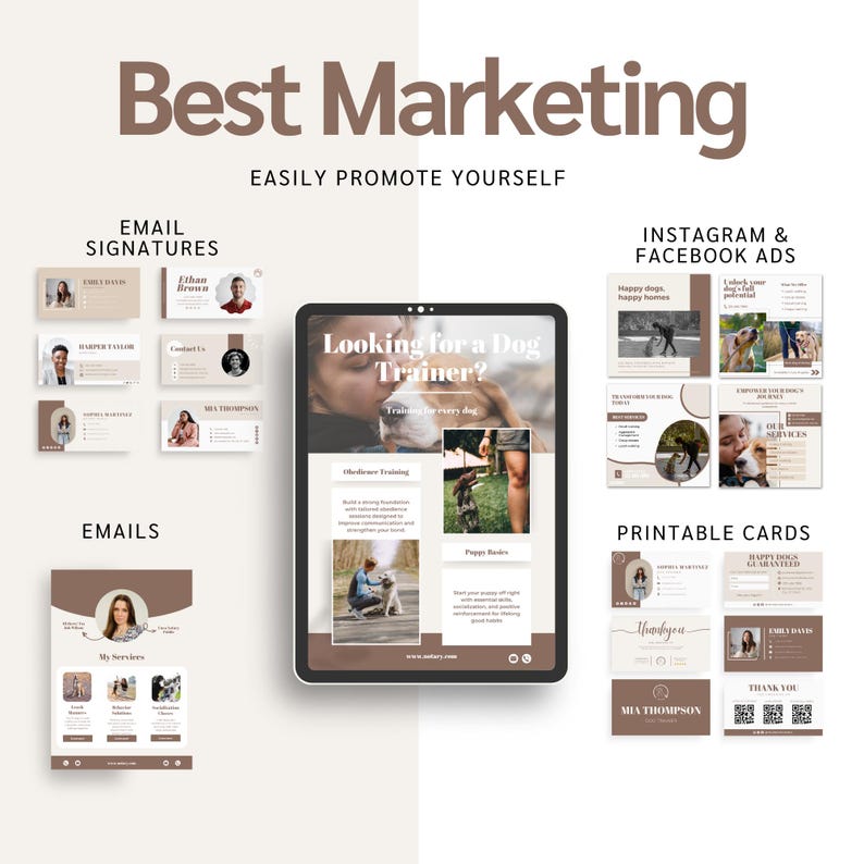 May include: A digital marketing graphic with the text "Best Marketing" and "Easily Promote Yourself." The image showcases examples of email signatures, emails, Instagram and Facebook ads, and printable cards, all in a neutral color palette.
