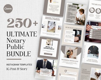 May include: A digital marketing bundle for notary public services, featuring Instagram templates for posts and stories. The design includes text and graphics with a neutral color palette, showcasing services like document signing and wedding officiant.