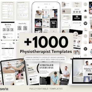 Puede incluir: Una colección de más de 1000 plantillas de fisioterapia, que incluyen formularios, facturas y plantillas de redes sociales. La imagen muestra varias maquetas digitales en un teléfono, tableta y computadora portátil, con el texto "Edit in Canva" y "Fully Editable Templates".