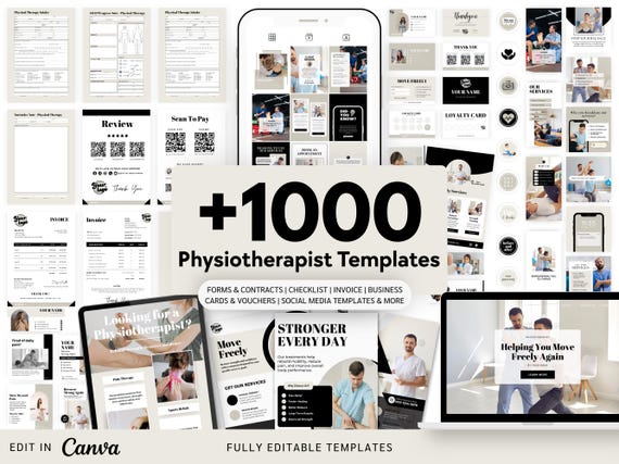 Physiotherapy Bundle: Social Media Templates, Flyers, Business Cards, Website, Reels (Editable Bundle for a Physiotherapist)