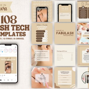 Könnte beinhalten: Eine Sammlung von 108 Lash Tech Vorlagen für Instagram-Posts, Stories und Karussells. Die Vorlagen verwenden eine neutrale Farbpalette und enthalten Texte wie "Have a Fabulash Weekend" und "Packages & Prices."