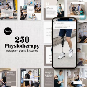 Könnte beinhalten: Eine Sammlung von Social-Media-Grafiken für ein Physiotherapie-Unternehmen. Die Grafiken zeigen Bilder von Menschen, die eine Physiotherapie-Behandlung erhalten, Text über die Vorteile der Physiotherapie und eine Erinnerung, die optimale körperliche Gesundheit wiederherzustellen.