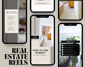 Op de afbeelding: Een verzameling smartphoneschermen met vastgoedmarketingcontent. De schermen tonen interieurontwerp, tips voor het kopen van een huis en de tekst "REAL ESTATE REELS". Andere tekst is "NOW ON THE MARKET" en "CALL HOME?"