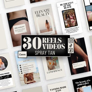 Puede incluir: Una colección de publicaciones en redes sociales que promocionan servicios de bronceado en spray. Las publicaciones presentan imágenes de piel bronceada, escenas de playa y texto como "Elevate Beauty" y "30 Reels Videos Spray Tan". El logotipo de Canva también es visible.