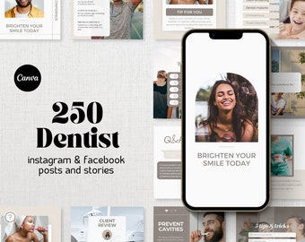 May include: A collection of social media posts for a dentist's office. The posts feature images of people smiling, brushing their teeth, and getting dental work done. The posts also include text about the services offered by the dentist, such as teeth whitening, dental implants, and orthodontics. The posts are designed to be engaging and informative for potential patients.