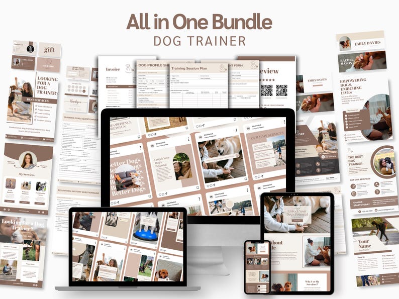 May include: A digital bundle for dog trainers, displayed on various devices including a laptop, desktop monitor, tablet, and smartphone. The screens showcase website designs, forms, and promotional materials with a neutral color palette and the text "All in One Bundle DOG TRAINER."