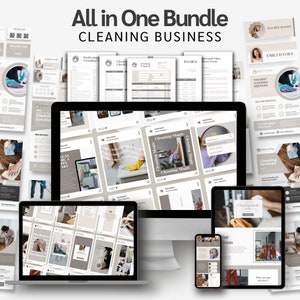 May include: A digital marketing kit for a cleaning business. The kit includes social media templates, invoices, cleaning checklists, and proposals. The templates feature a modern design with a beige and brown colour scheme.