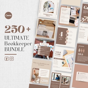 Puede incluir: Imagen promocional para un paquete de contabilidad, que presenta una colección de materiales de marketing digital. El diseño incorpora una paleta de colores neutros con texto como "250+ Ultimate Bookkeeper Bundle" y "Numbers Made Simple."
