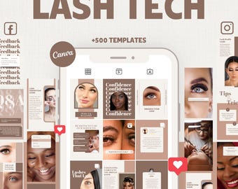 Puede incluir: Gráfico de marketing digital con el texto "LASH TECH" y "+500 TEMPLATES". La imagen presenta un teléfono inteligente que muestra varias plantillas de extensiones de pestañas, con imágenes de ojos y aplicación de pestañas. También hay iconos de redes sociales.