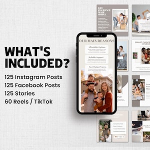 Op de afbeelding: Een smartphone toont een presentatie over verzekeringsdiensten, omringd door gerelateerde social media posts. Tekst op de telefoon luidt "Onze belangrijkste redenen" en "Wat is inbegrepen?" met details over Instagram, Facebook en TikTok content.