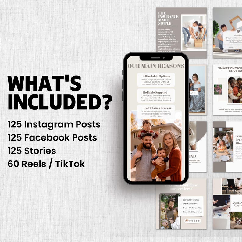Op de afbeelding: Een smartphone toont een presentatie over verzekeringsdiensten, omringd door gerelateerde social media posts. Tekst op de telefoon luidt "Onze belangrijkste redenen" en "Wat is inbegrepen?" met details over Instagram, Facebook en TikTok content.