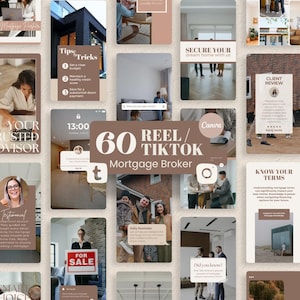 Op de afbeelding: Een collage van afbeeldingen die de diensten van een hypotheekmakelaar promoten. De afbeeldingen tonen tips en trucs voor het kopen van een huis, klantbeoordelingen en informatie over hypotheekvoorwaarden. De tekst "60 Reel/TikTok Mortgage Broker" staat in het midden van de collage.